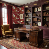 Crimson floral wallpaper with a branch and butterfly motif in a traditional style.