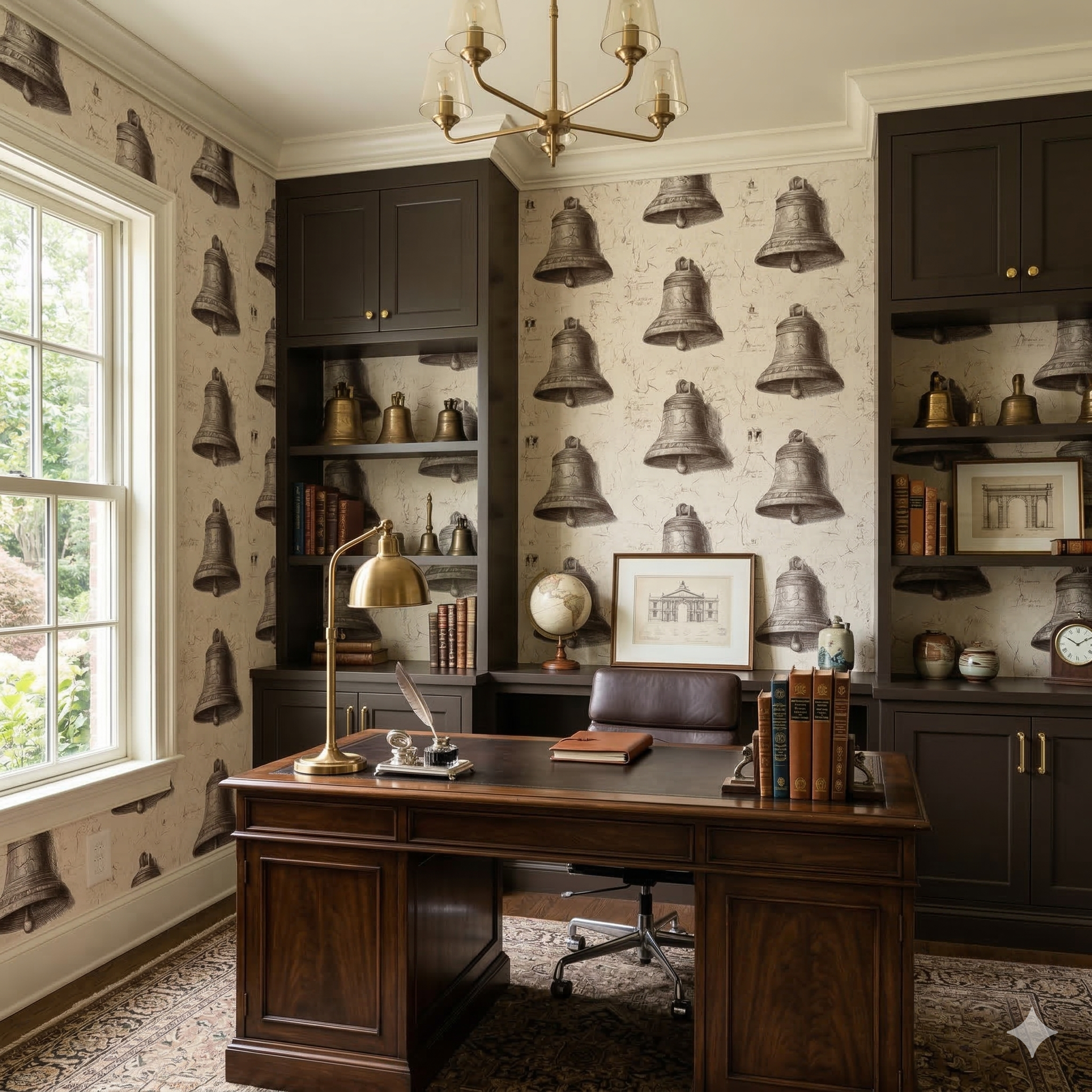 Neutral patterned wallpaper with bell motifs, in a traditionally styled room.