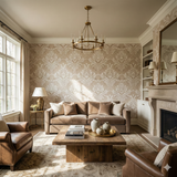 Beige damask wallpaper with a floral pattern, featuring a linen texture and intricate detailing.