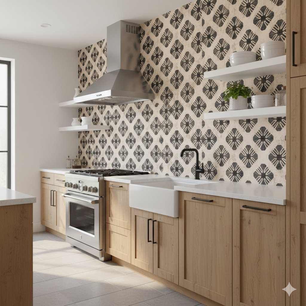 Patterned Blackthorn Mesa Wallpaper with beige floral tessellations, covering the kitchen backsplash.