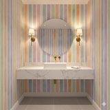 Pastel Promenade Wallpaper with a vertical stripe pattern in shades of peach, blue, green, and lavender.