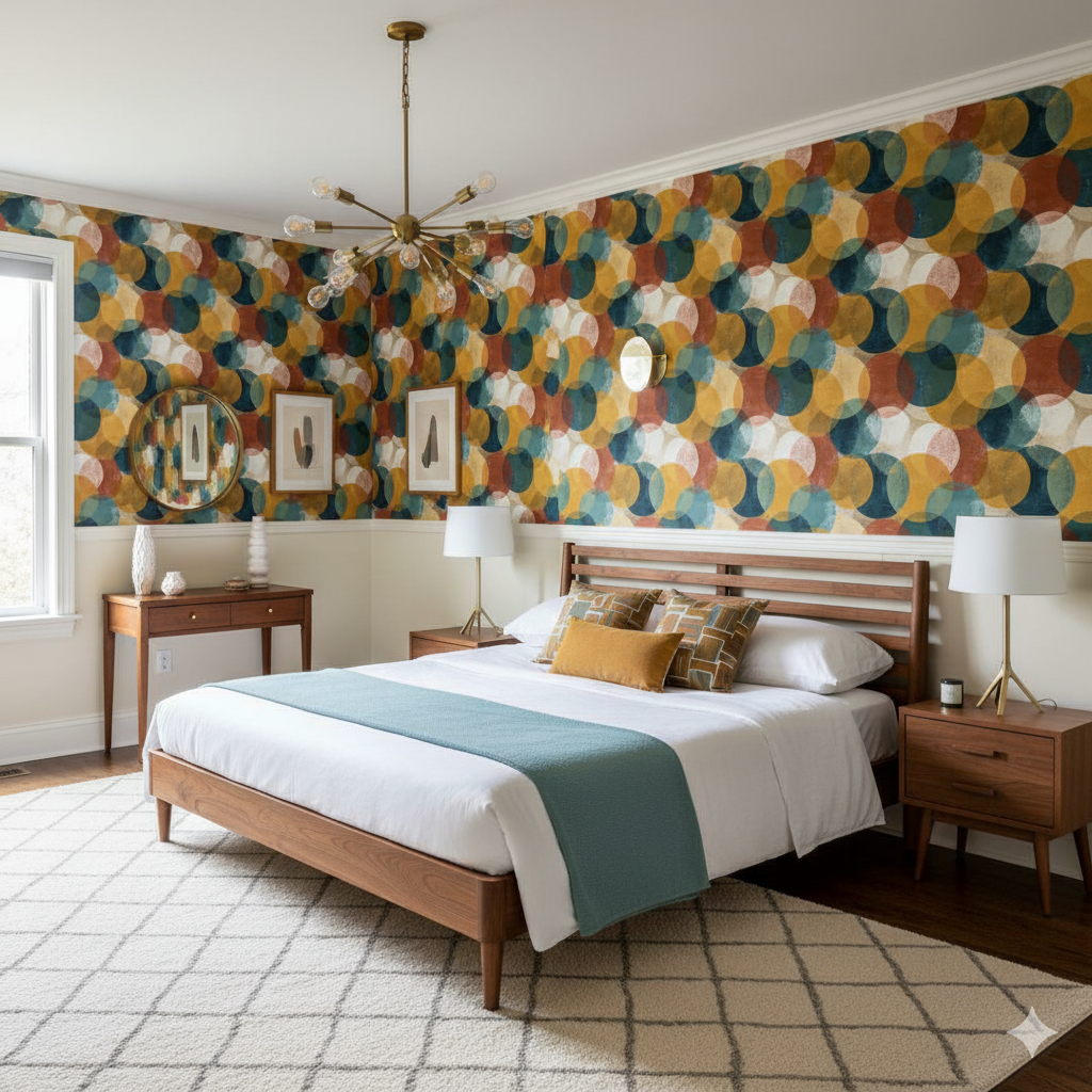 Patterned Solaris Wallpaper with overlapping circles, in a bedroom setting.
