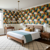 Patterned Solaris Wallpaper with overlapping circles, in a bedroom setting.
