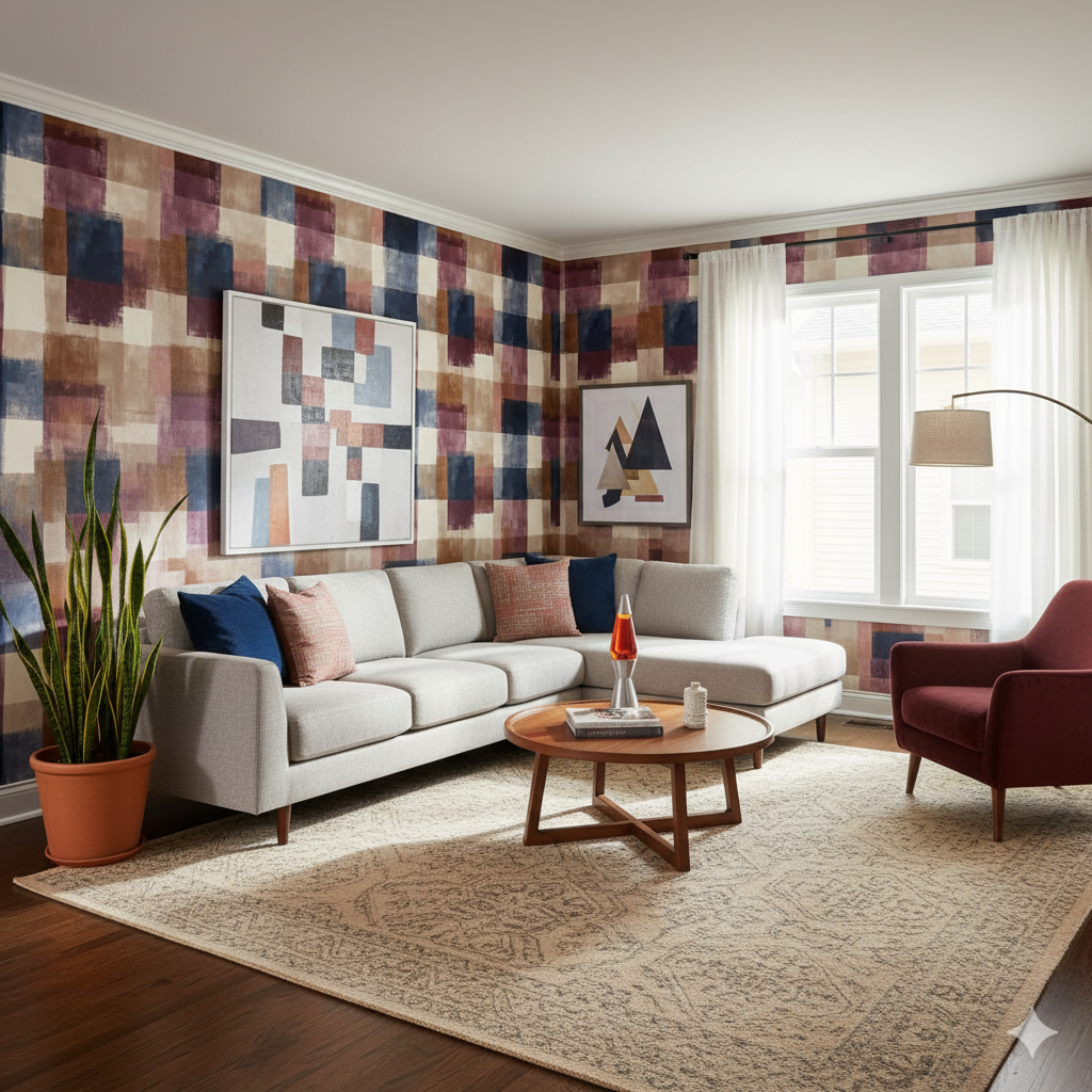 Ashbury Plaid Wallpaper with a checkered pattern in shades of blue, brown, and cream.