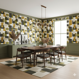 Patterned Amberline Wallpaper with geometric design, displayed in a dining room setting.