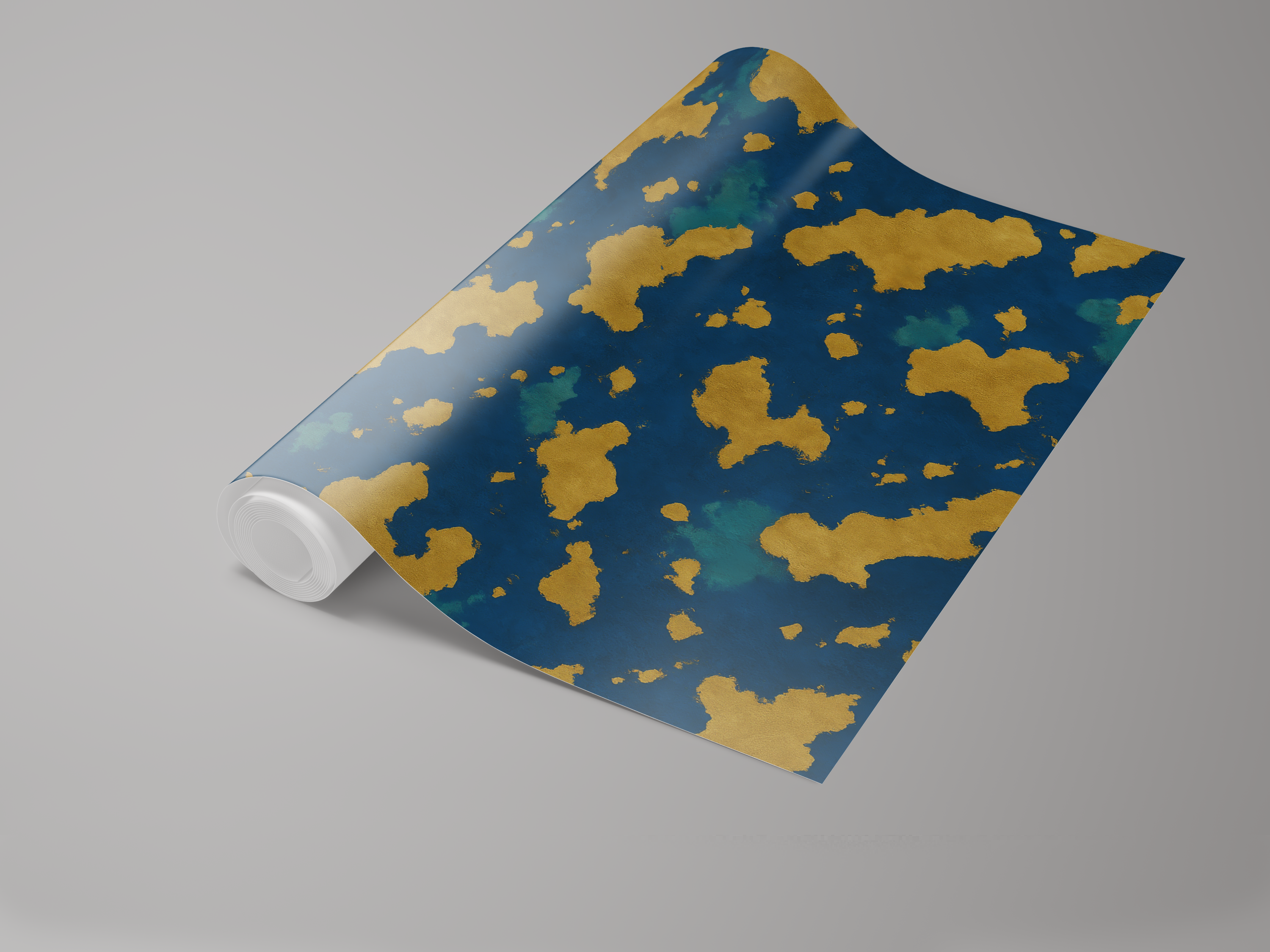 Rolled wallpaper with gilded archipelago pattern on blue background.