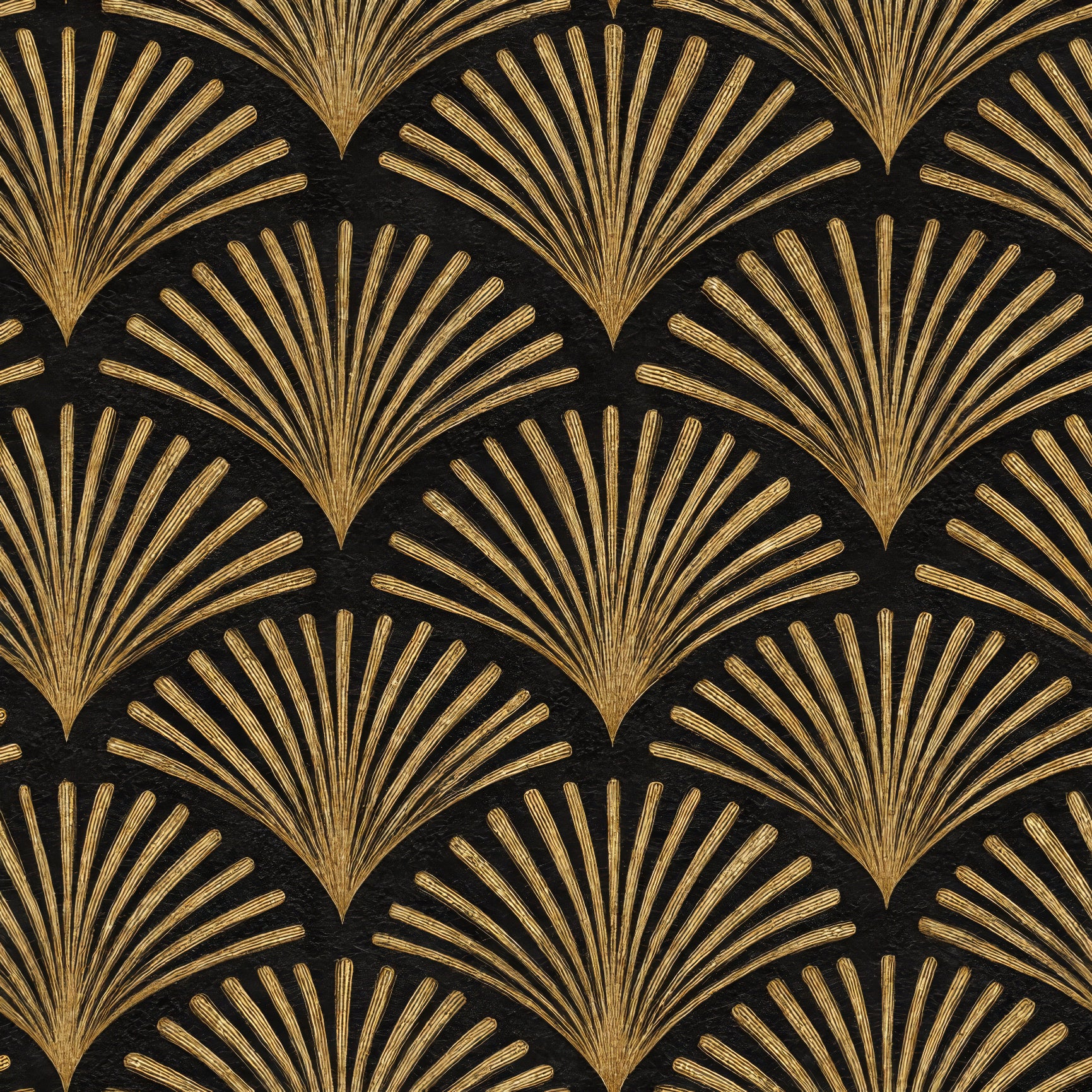 Gold Art Deco fan wallpaper with textured black background.