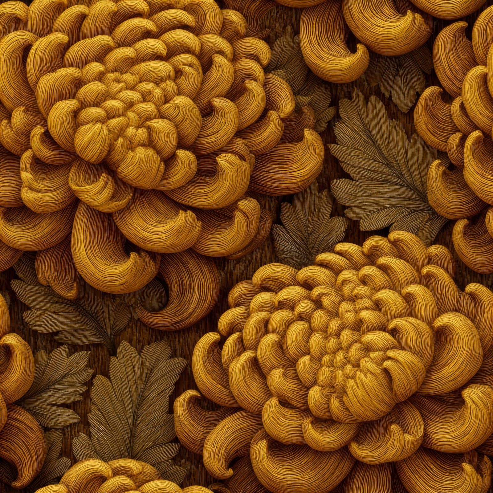 Golden chrysanthemum crest wallpaper with detailed thread-like texture and autumnal color palette.