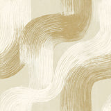 Neutral wallpaper with wavy golden brushstrokes.