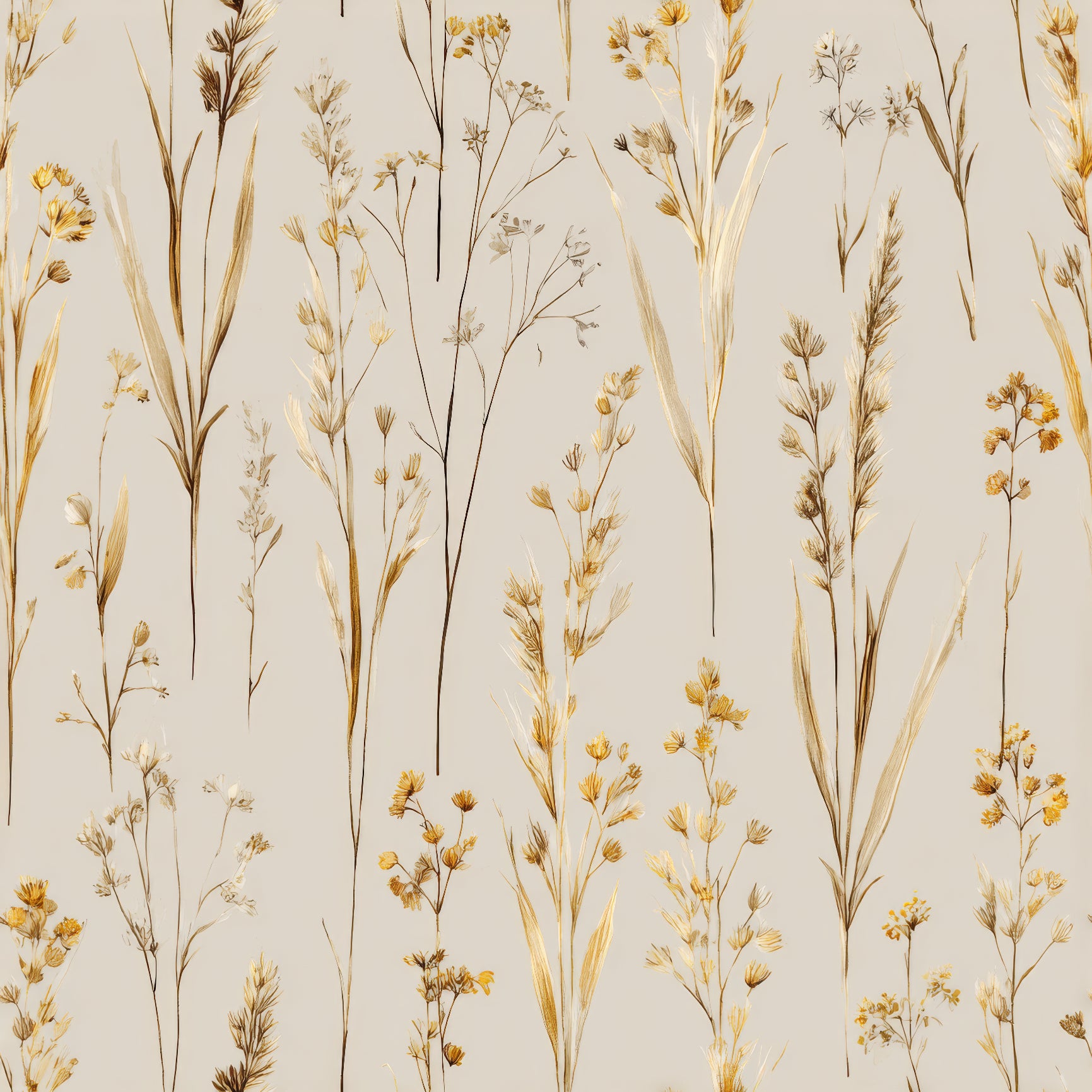 Floral meadow wallpaper with golden accents and neutral background.