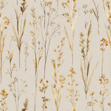 Floral meadow wallpaper with golden accents and neutral background.