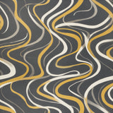 Patterned wallpaper by Goldshore with swirling gold, gray and white lines on a dark textured background.