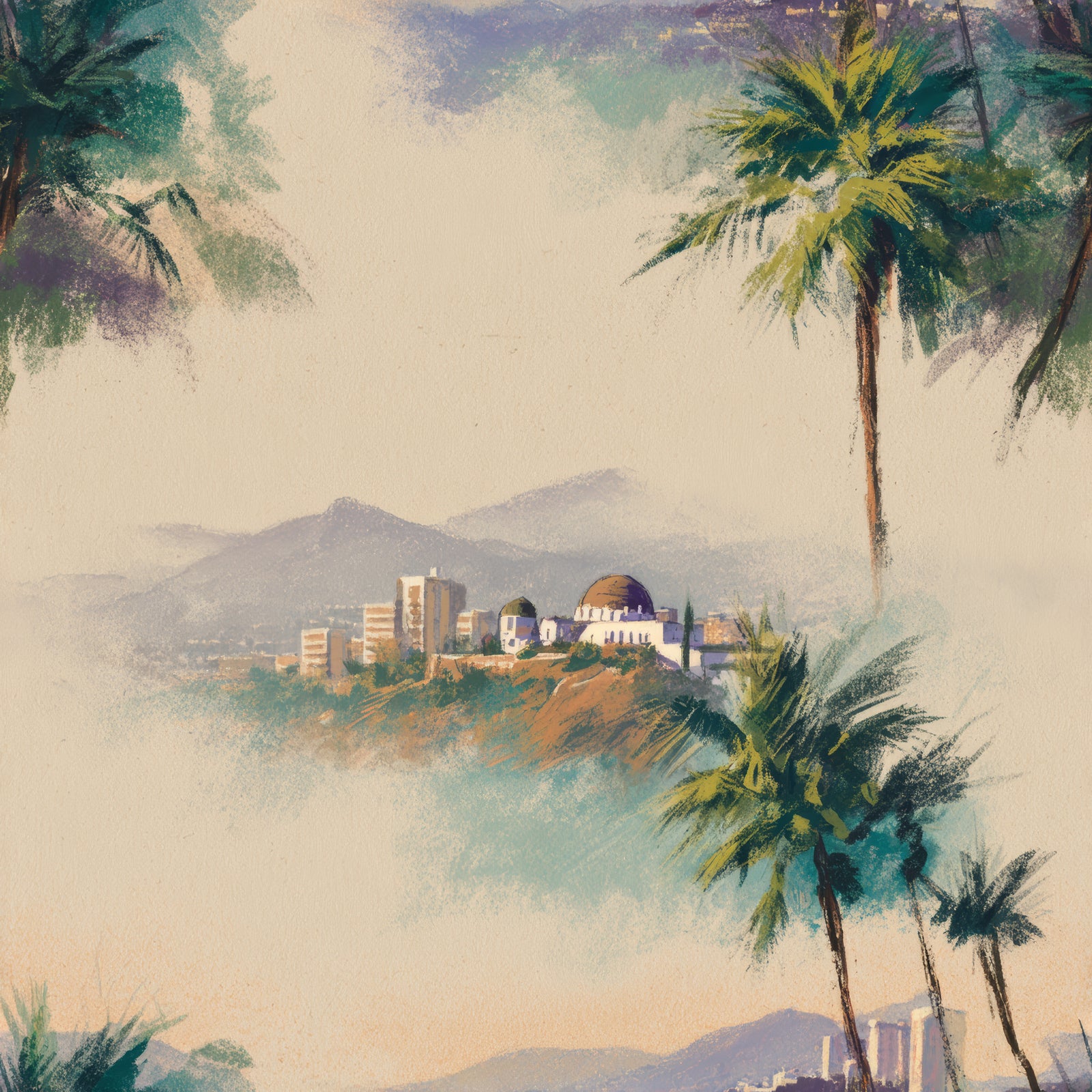 Griffith Mirage Wallpaper with observatory by Eazywallz, featuring an artistic, tropical, hand-painted palm tree scene.
