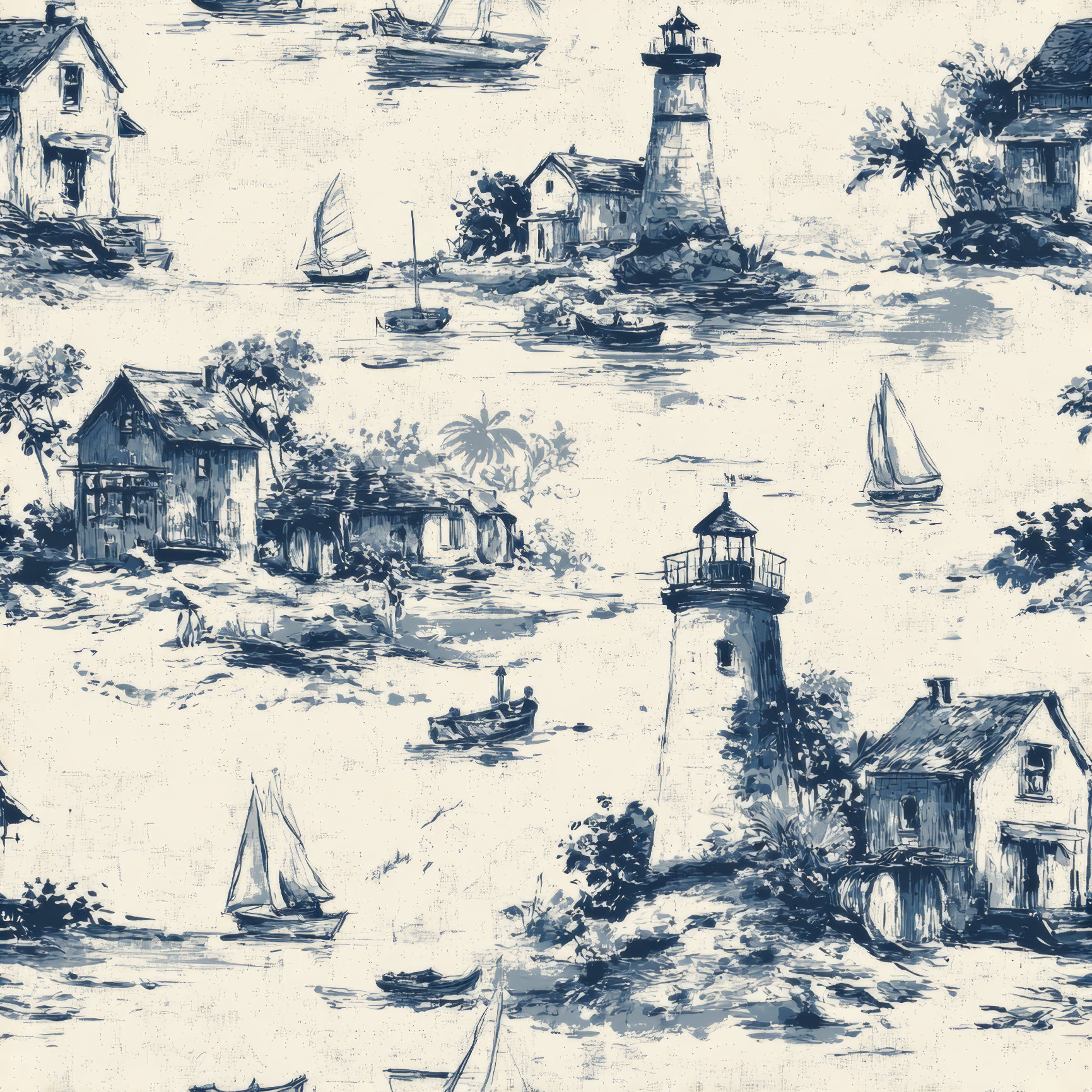 Nautical sketch wallpaper with lighthouse and boat pattern by Harborlin, rendered in blue ink on beige.
