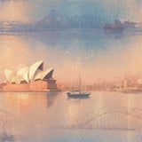 Harbourlight Serenade Wallpaper with Sydney Harbour scene in soft pastel colors.