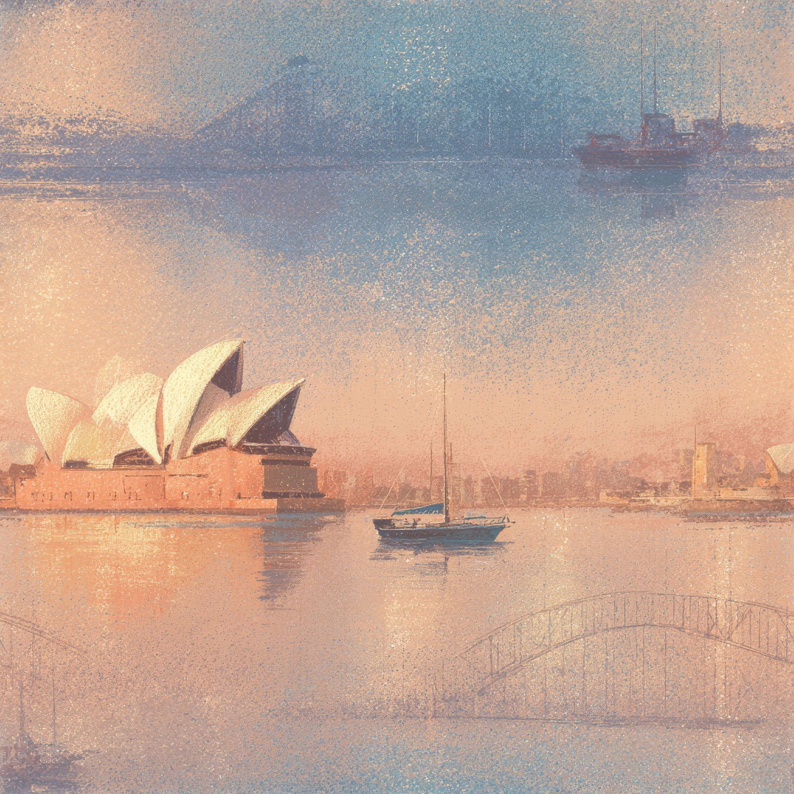 Harbourlight Serenade Wallpaper with Sydney Harbour scene in soft pastel colors.