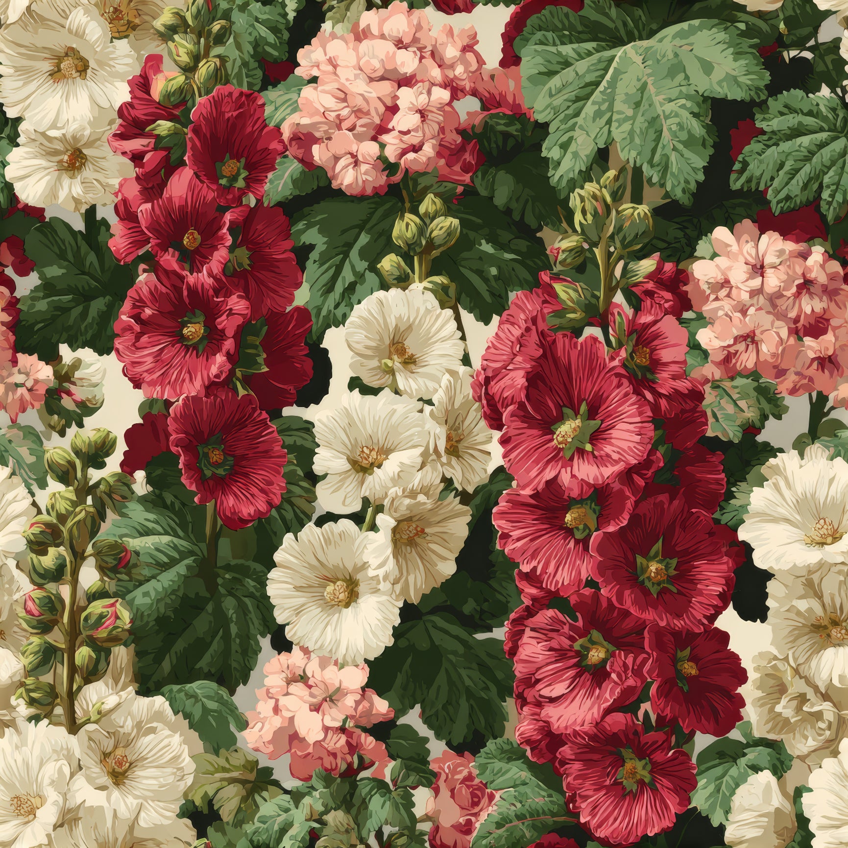 Floral wallpaper with red, pink, and cream blooms, among green leaves.