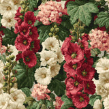 Floral wallpaper with red, pink, and cream blooms, among green leaves.
