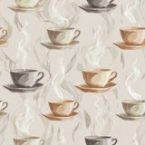 Coffee cup and steam wallpaper pattern with neutral tones for a cozy, warm ambiance.
