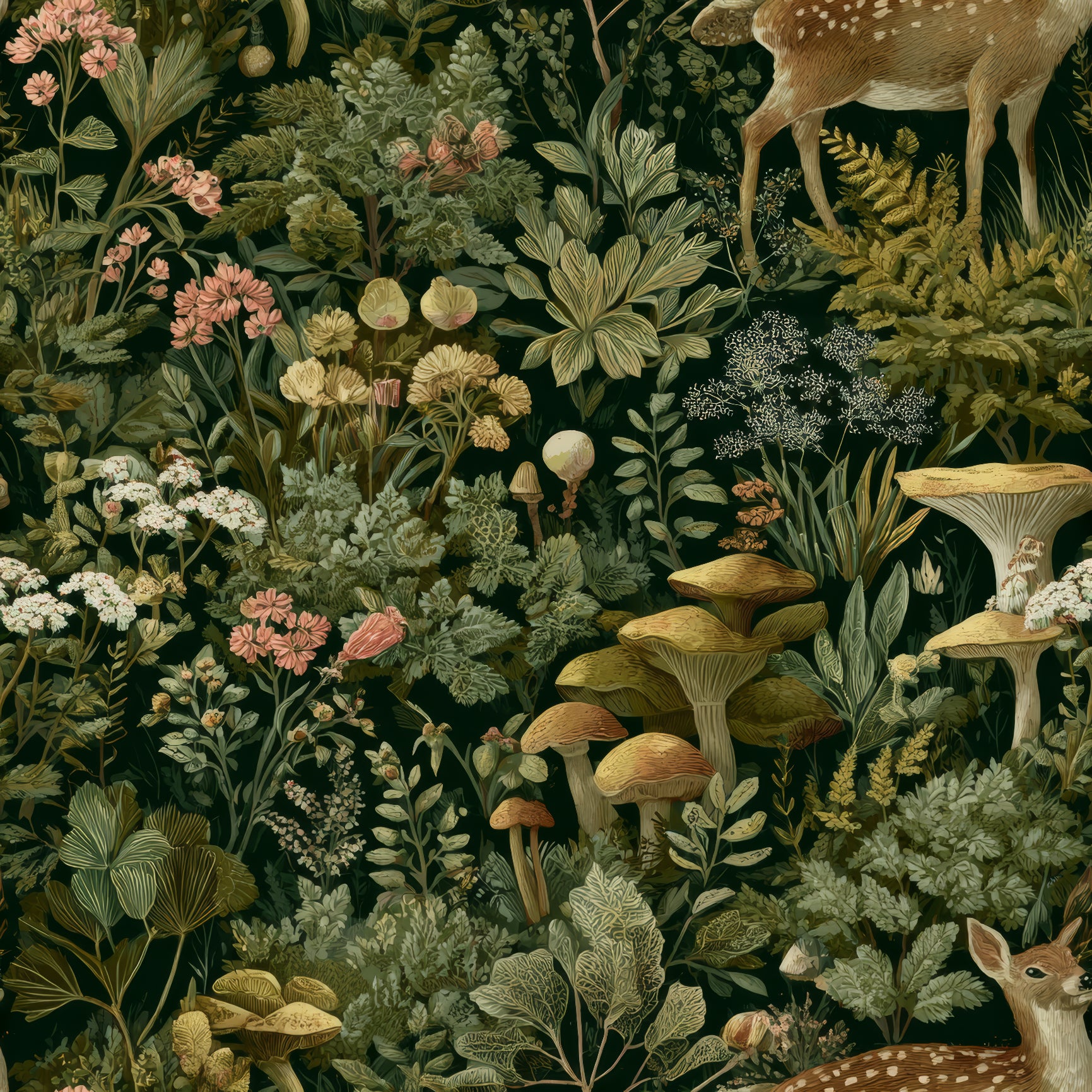 Woodland wallpaper featuring deer, mushrooms and flowers on a dark background.