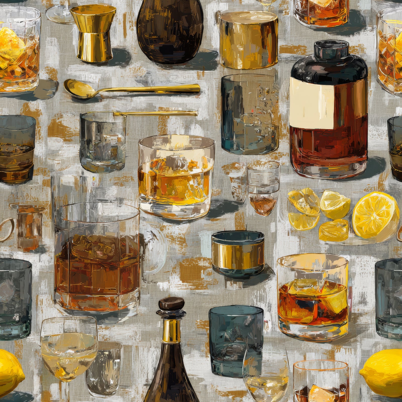 Highball Atelier wallpaper with a cocktail and barware pattern.
