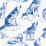 Wolf print wallpaper with howling designs by Wallshoppe featuring blue line art on a white background.