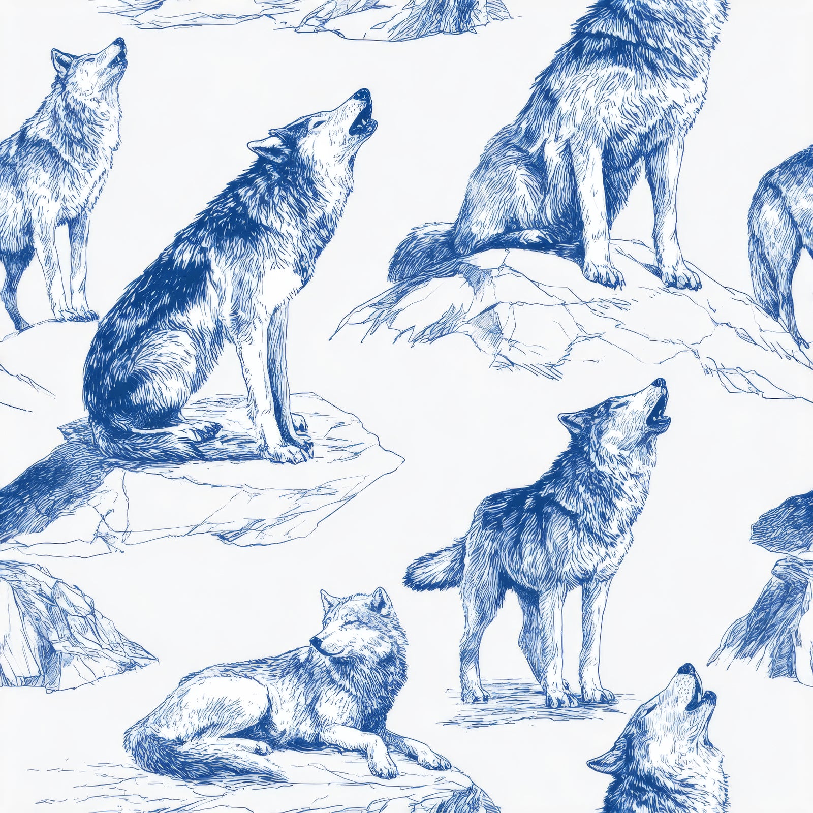 Wolf print wallpaper with howling designs by Wallshoppe featuring blue line art on a white background.