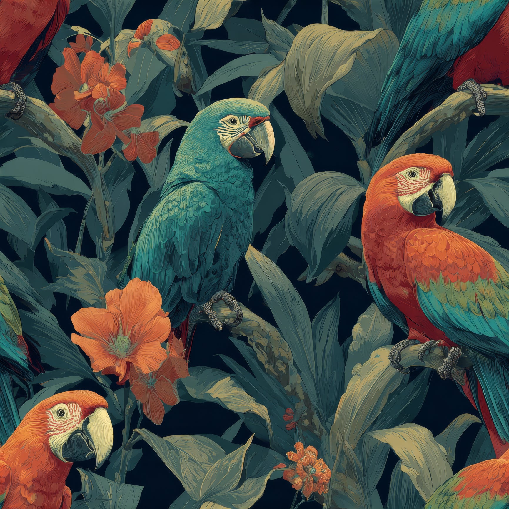 Tropical wallpaper with macaws and flowers in a pattern.