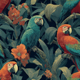 Tropical wallpaper with macaws and flowers in a pattern.