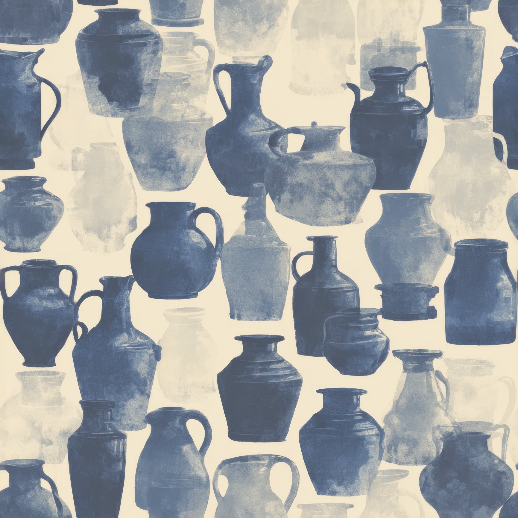 Indigo kilnware wallpaper with pottery pattern, against an off-white background.
