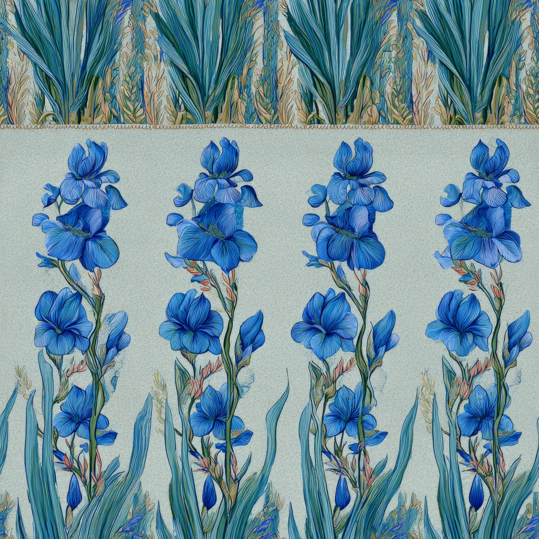 Floral wallpaper with blue iris pattern on light background.