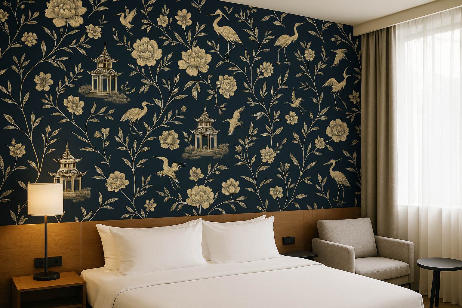 Chinoiserie Midnight Wallpaper with floral and crane pattern, set in a bedroom with matching decor.

