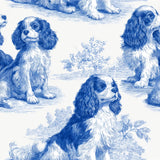 Spaniel wallpaper with blue toile pattern featuring dogs and floral accents.