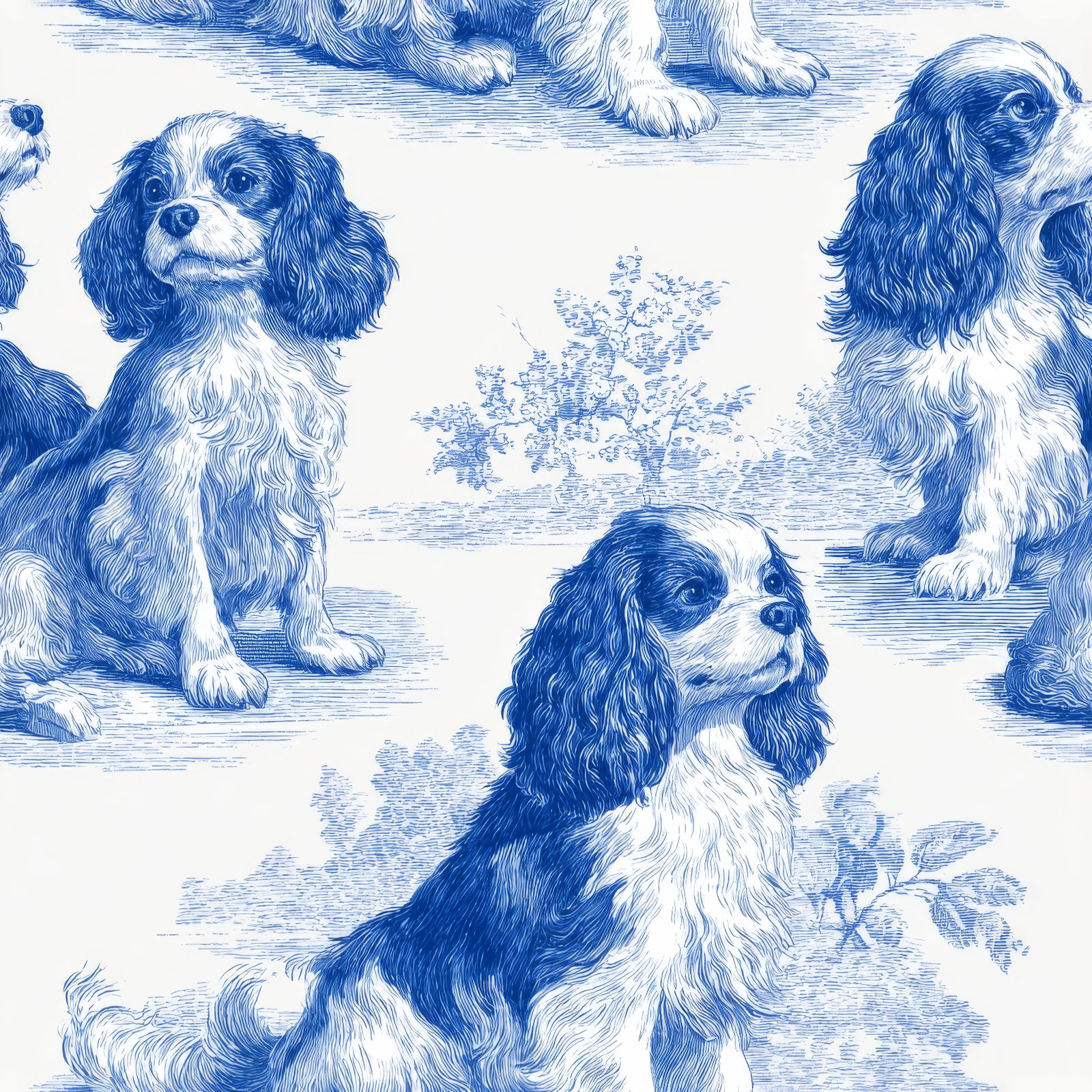 Spaniel wallpaper with blue toile pattern featuring dogs and floral accents.