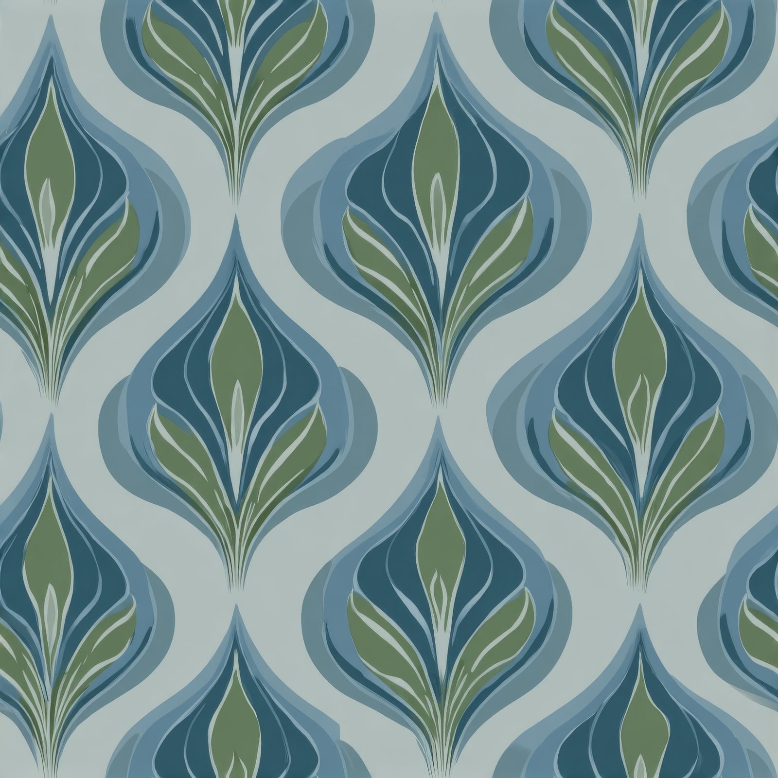 Ogee crest wallpaper with floral pattern in shades of blue and green.