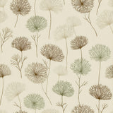Floral wallpaper with dandelion pattern in shades of brown, green, and beige.