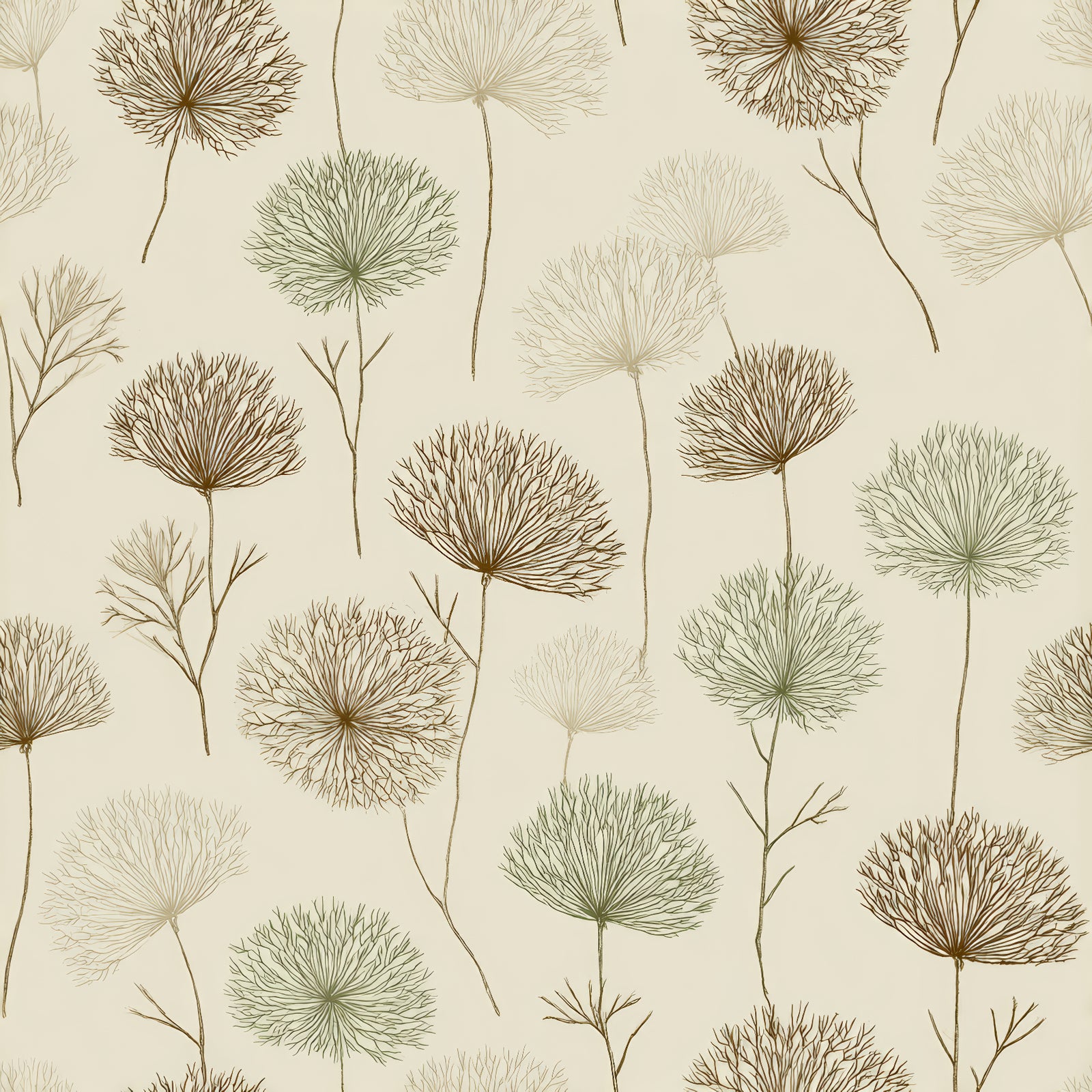 Floral wallpaper with dandelion pattern in shades of brown, green, and beige.
