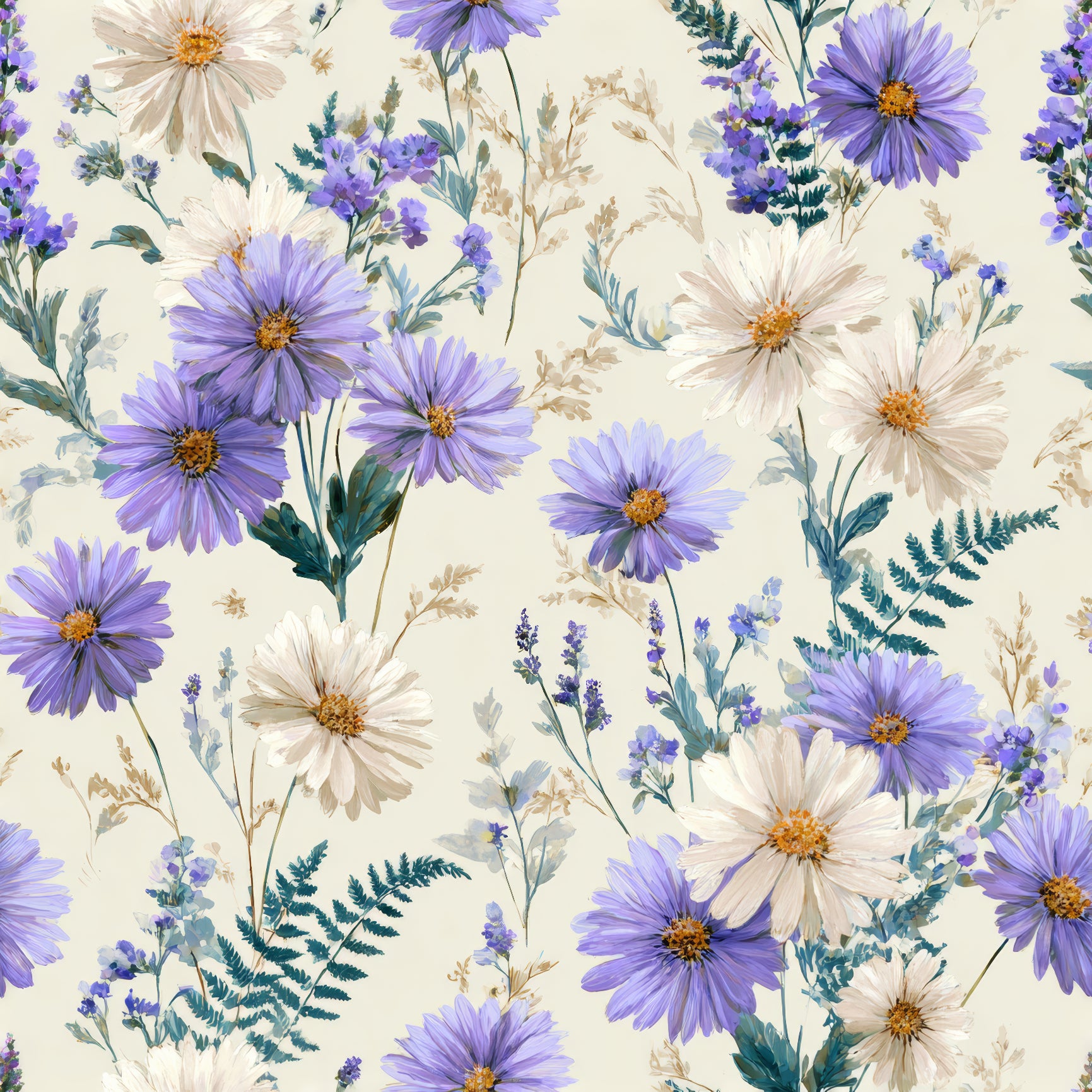 Floral wallpaper with lavender and white flowers, by Lavender Wick, in a botanical pattern.