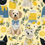 Dog-themed yellow wallpaper with lemons by Lemonbloom, featuring floral designs and lemonade elements.
