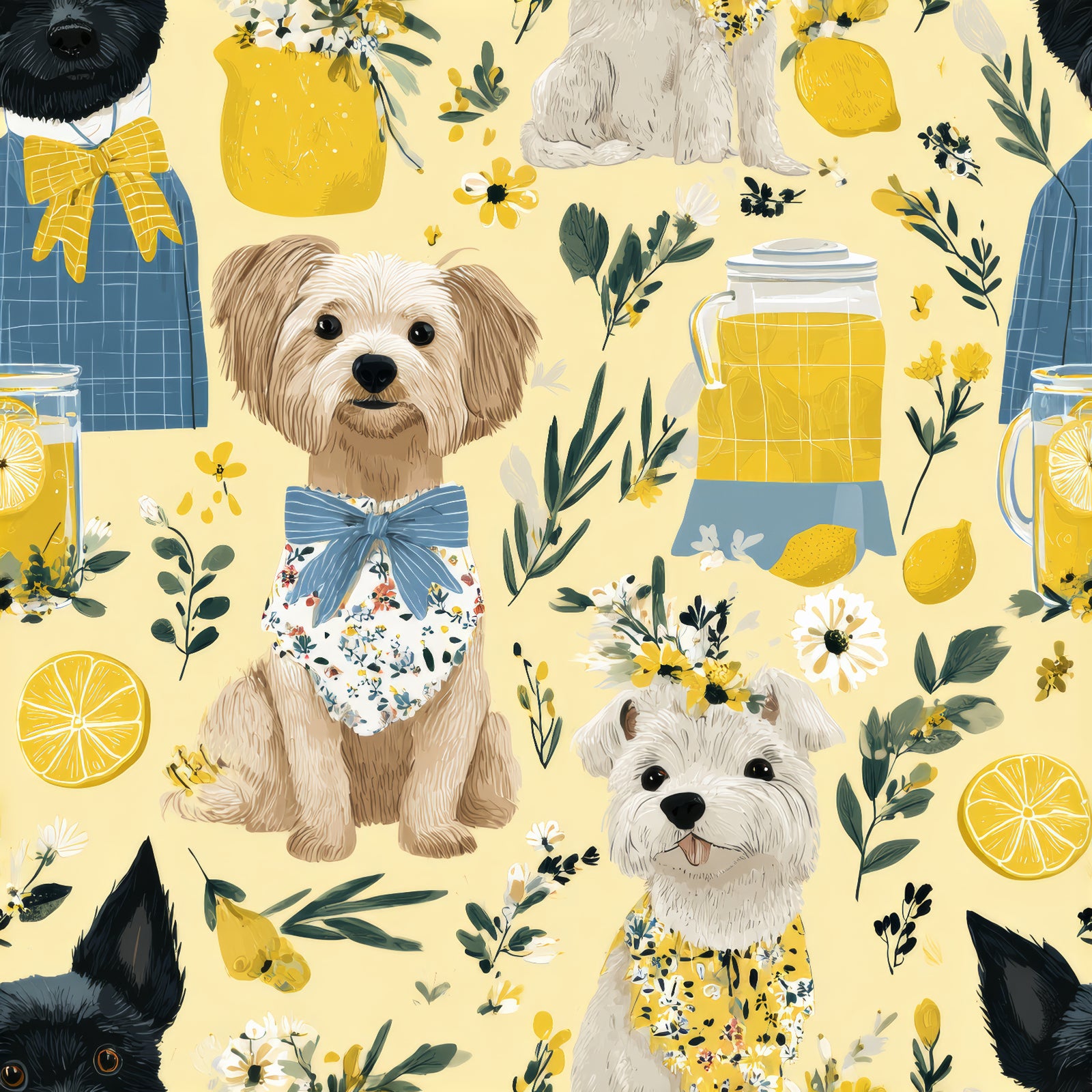 Dog-themed yellow wallpaper with lemons by Lemonbloom, featuring floral designs and lemonade elements.
