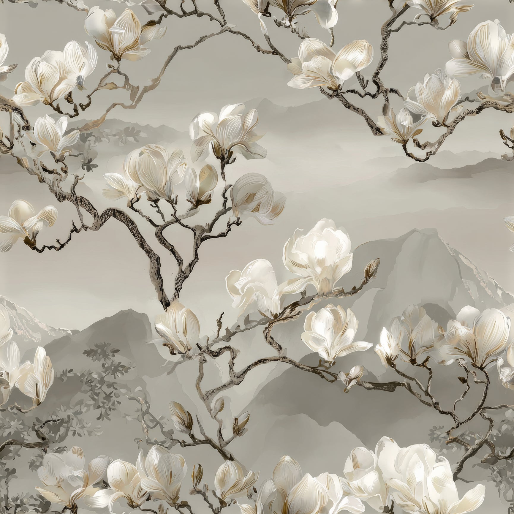 Floral magnolia wallpaper with branches and mountains, by Brewster Home Fashions, in neutral shades and painterly design.
