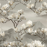 Floral magnolia wallpaper with branches and mountains, by Brewster Home Fashions, in neutral shades and painterly design.