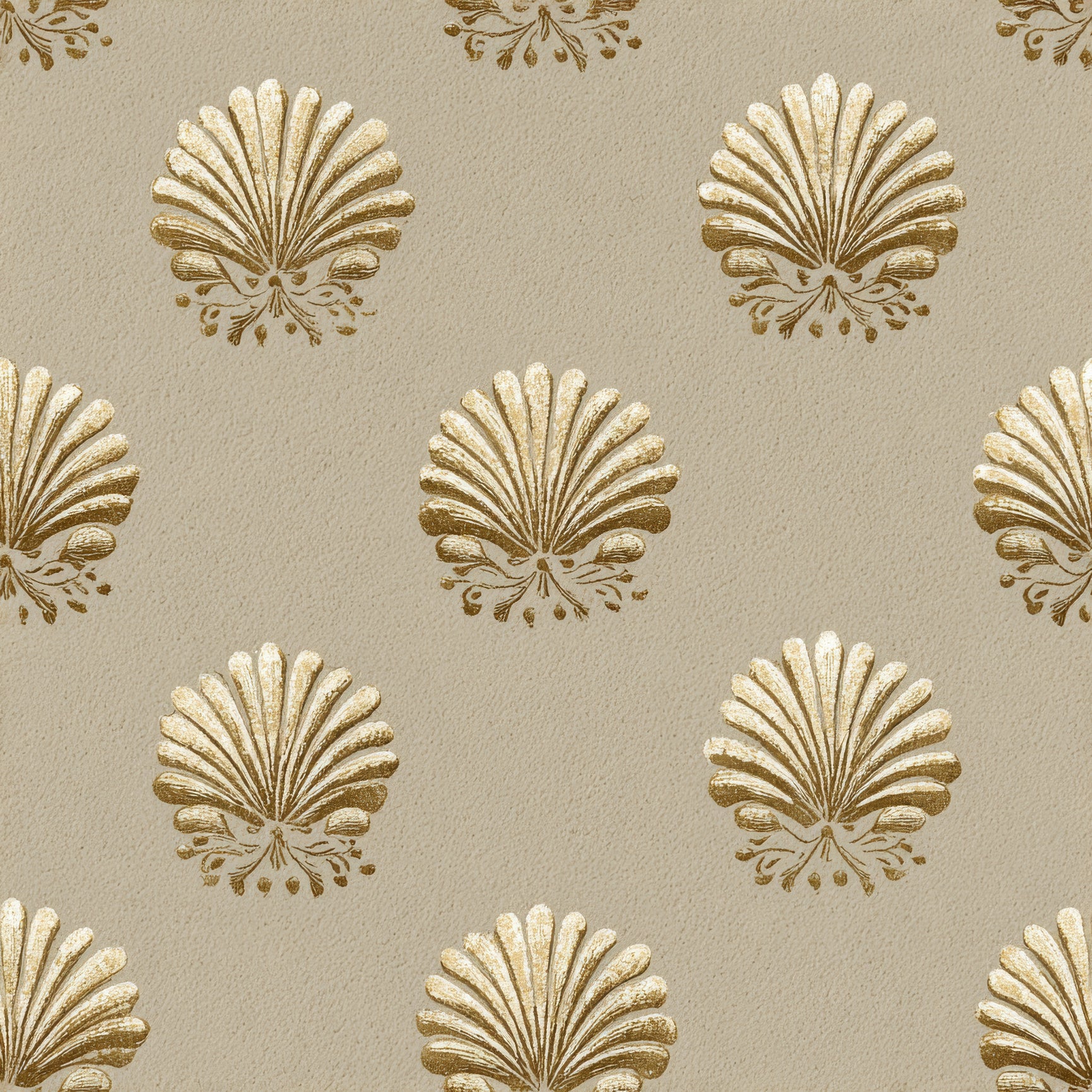 Beige Marabella Crest Wallpaper with subtle textured background and ornate golden floral crest pattern.