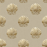 Beige Marabella Crest Wallpaper with subtle textured background and ornate golden floral crest pattern.