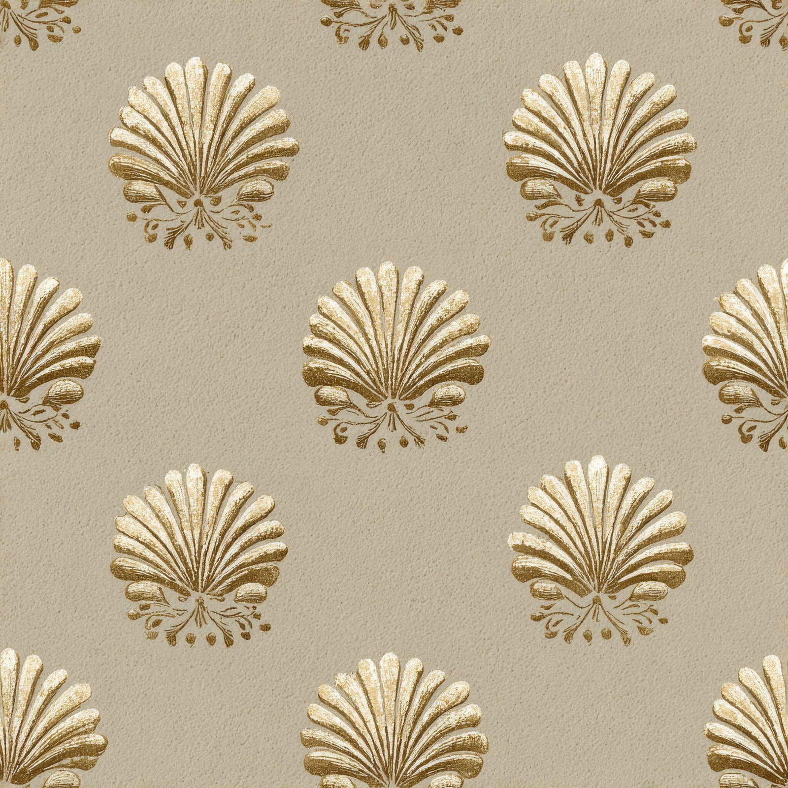Beige Marabella Crest Wallpaper with subtle textured background and ornate golden floral crest pattern.