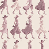 Patterned wallpaper featuring a repeating motif of stylized women with hats and dresses.