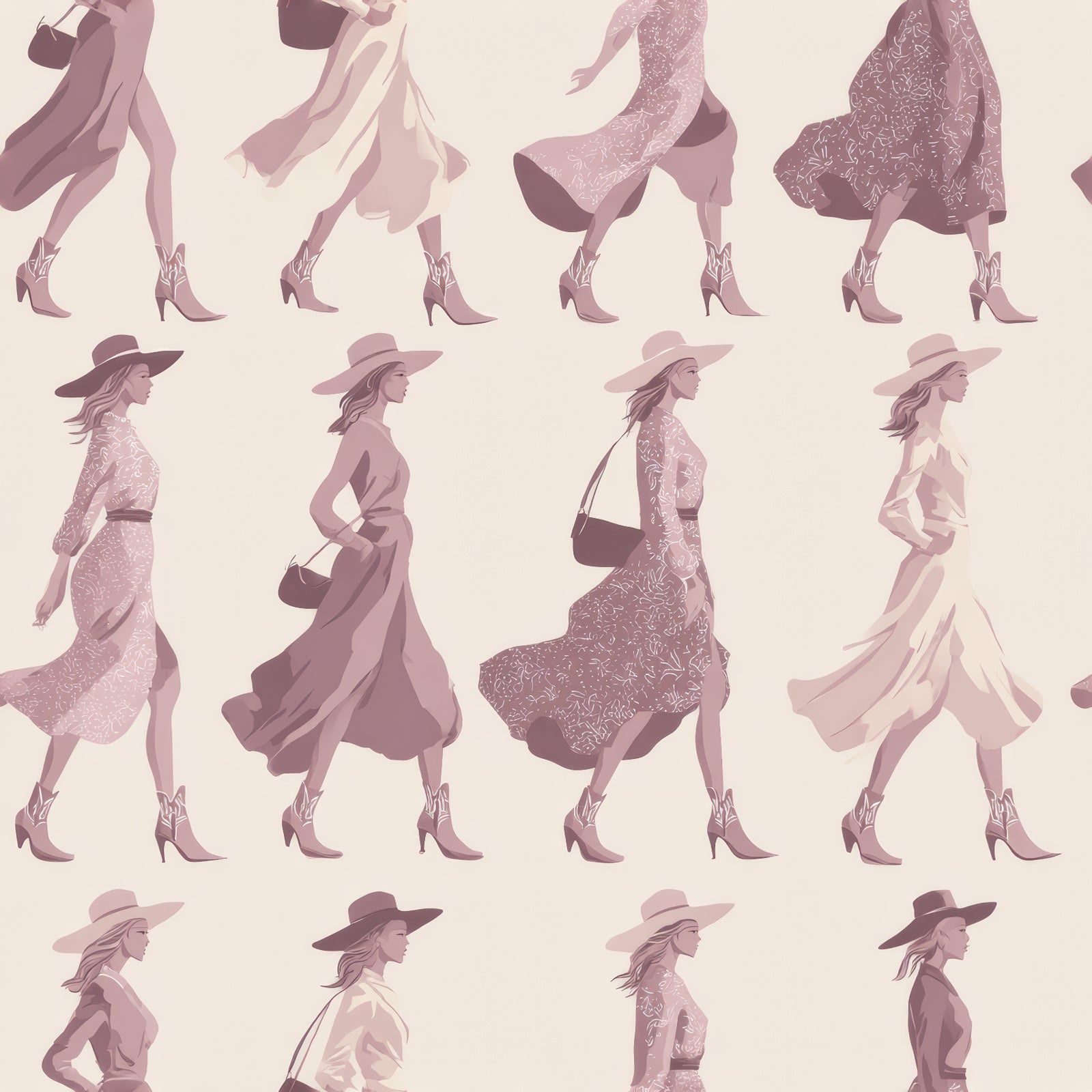 Patterned wallpaper featuring a repeating motif of stylized women with hats and dresses.