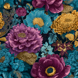 Floral wallpaper with purple, blue, and gold peonies, chrysanthemums, and foliage.