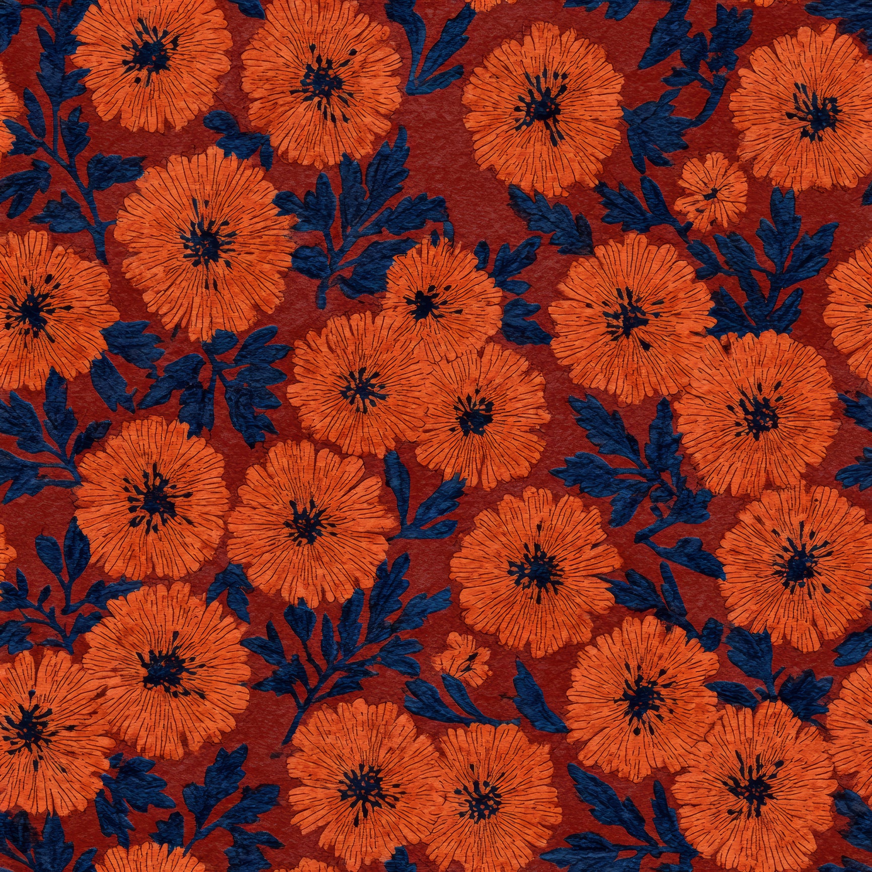 Floral field wallpaper with orange flowers by Marona, and dark blue leaves against a rust-red background.
