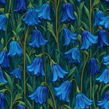 Midnight bluebell curtain wallpaper with floral pattern by William Morris, with green and yellow stems.
